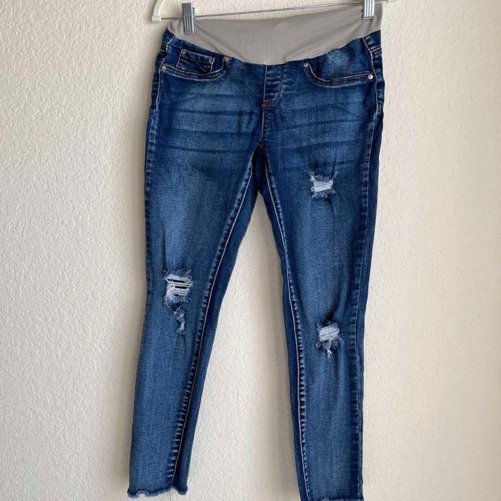Maternity Skinny Jeans in Dark Blue with Distressed Knees